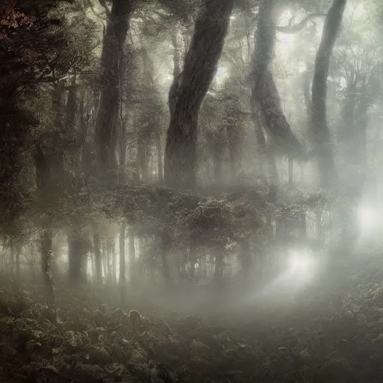 Image similar to a planet of various fungus, mushrooms and plants, inside the picture is infinity, Atmospheric phenomenon, artistic photography, muted colors, conceptual, long exposure outside the city, volumetric light