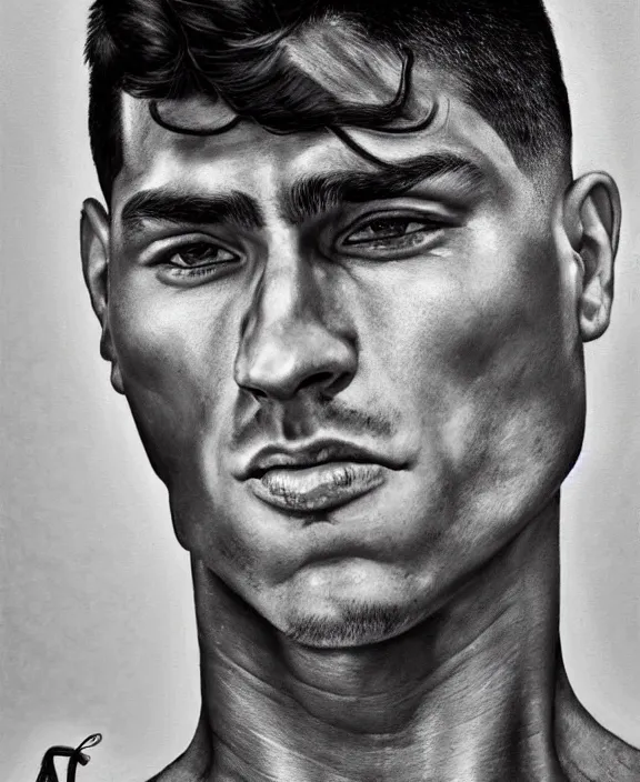 Image similar to heroic portrait of a handsome young mexican bodybuilder, art by denys tsiperko and bogdan rezunenko, hyperrealism