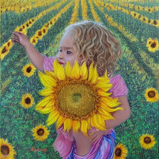 Prompt: a babe 3 years old slowly walking through amazing tall sunflower field, her blond curly hair flowing down, subtle, intricate details, real masterpiece, oil on canvas, by somsak anong