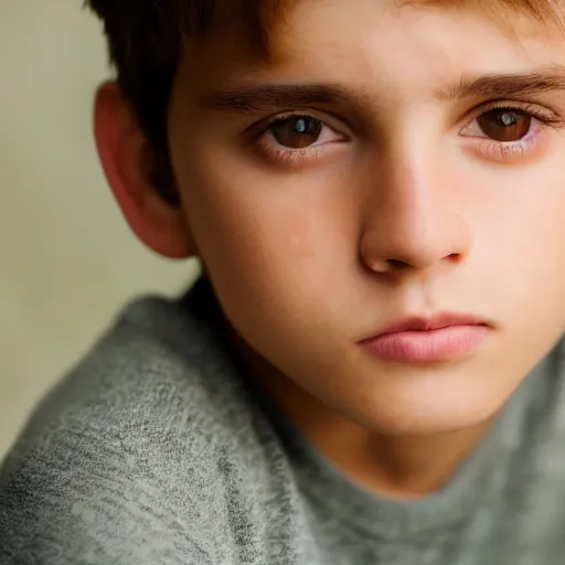 Image similar to a closeup portrait of a boy with brown hair and brown eyes. Extremely clear and high quality eyes with reflection in this, realistic face and details, clear lips and high quality