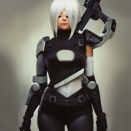 Image similar to greg manchess portrait painting of a 2 yorha type a no. 2 as overwatch character, medium shot, asymmetrical, profile picture, organic painting, sunny day, matte painting, bold shapes, hard edges, street art, trending on artstation, by huang guangjian and gil elvgren and sachin teng