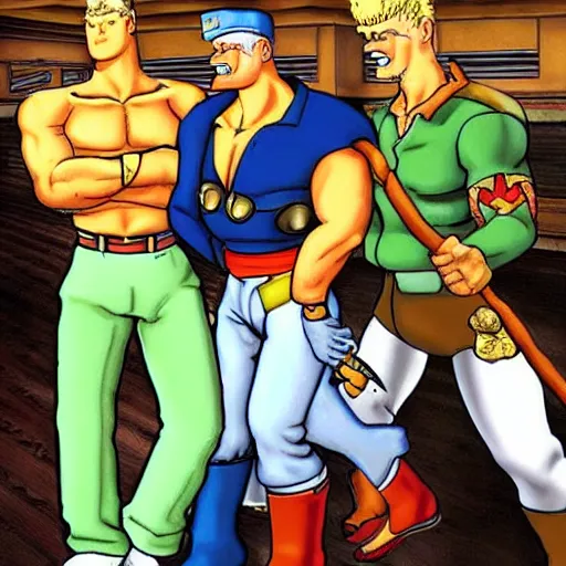 Prompt: beavis and butthead and guile from street fighter 2 in a bar real
