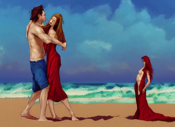 Image similar to couple, man and woman on the beach in pose of couple vol 2 photo reference pack for artists, spirit hugs, gold trim, atmoshperic, elegant, sharp focus, sand sea, red sun, huge lips, poses by satine zillah, environment by jesper ejsing and eddie mendoza, art by by ilya ozornin, artstation, intricate details