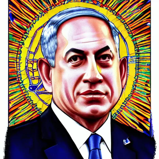 Image similar to benjamin netanyahu as aztec god painted, high detail, sharp focus, 4 k