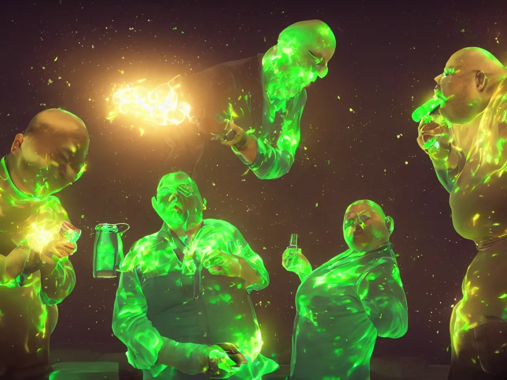 Prompt: a hyperrealistic portrait render of two fat bald men opening a bottle of glowing absinthe and squirting fluorescent liquid in the cosmos, unreal engine 8k