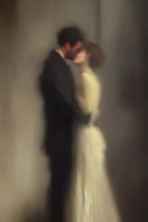 Prompt: detailed cinematic moody colors studio portrait of the memories of a victorian lady with a sensual pose kissing a gentleman with a blurred face high quality by jeremy mann, only one head single portrait