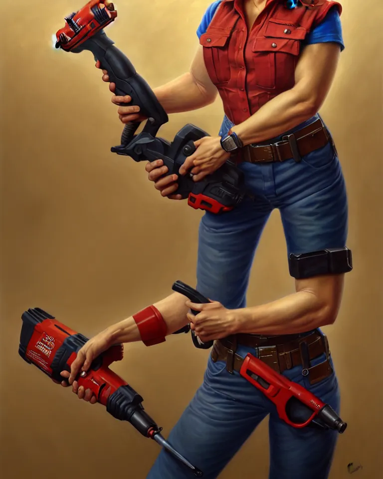 Image similar to epic portrait a slightly muscular woman wearing short sleeved uniform and carrying a red power tool drill, detailed, centered, digital painting, artstation, concept art, donato giancola, Joseph Christian Leyendecker, WLOP, Boris Vallejo, Breathtaking, 8k resolution, extremely detailed, beautiful, establishing shot, artistic, hyperrealistic, beautiful face, octane render