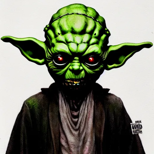 Image similar to zombie yoda, yoda as a zombie, wayne barlowe, zombified, scary