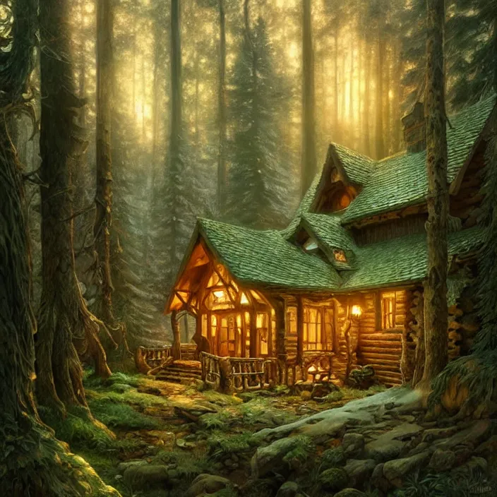 Prompt: cozy cabin in an ancient forest , diffuse lighting, fantasy, intricate, elegant, highly detailed, lifelike, photorealistic, digital painting, artstation, illustration, concept art, smooth, sharp focus, art by John Collier and Albert Aublet and Krenz Cushart and Artem Demura and Alphonse Mucha