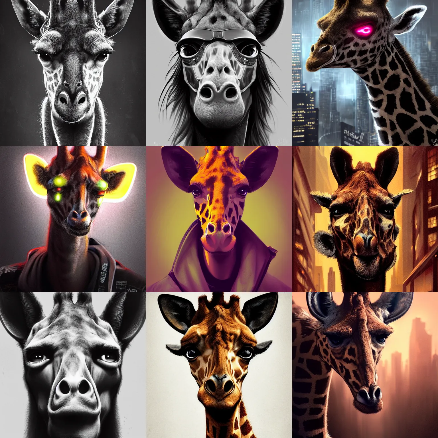 Prompt: portrait of furry detecive in the neon noir cyberpunk city furry anthropomorphic giraffe, giraffe, giraffe, in black hat, epic portrait illustration, darek zabrocki, noah bradley, artstation, photorealistic close - up portrait, detailed illustration portrait, incredible details, disney stylized furry, dark cyberpunk illustration