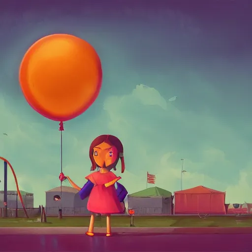 Image similar to a girl holding a balloon at a fairground. buildings with graffiti. dusk. illustration in the style of simon stalenhag artstation