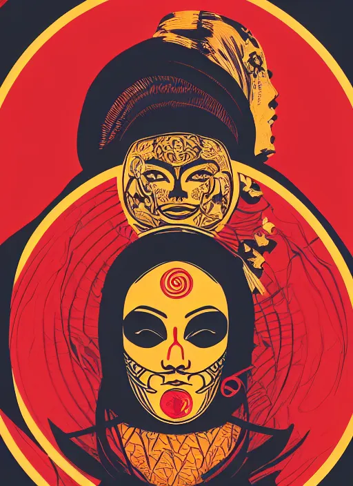 Prompt: portrait of a woman with a mask on his face in the form of a spiral in a golden kimono, full face, against the background of a bright red moon, sad motif, by shepard fairey, dramatic, soft colors, futuristic, 8 k