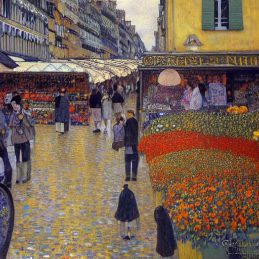 Prompt: a beautiful painting of a Parisian market by Gustav Klimt trending on Artstation