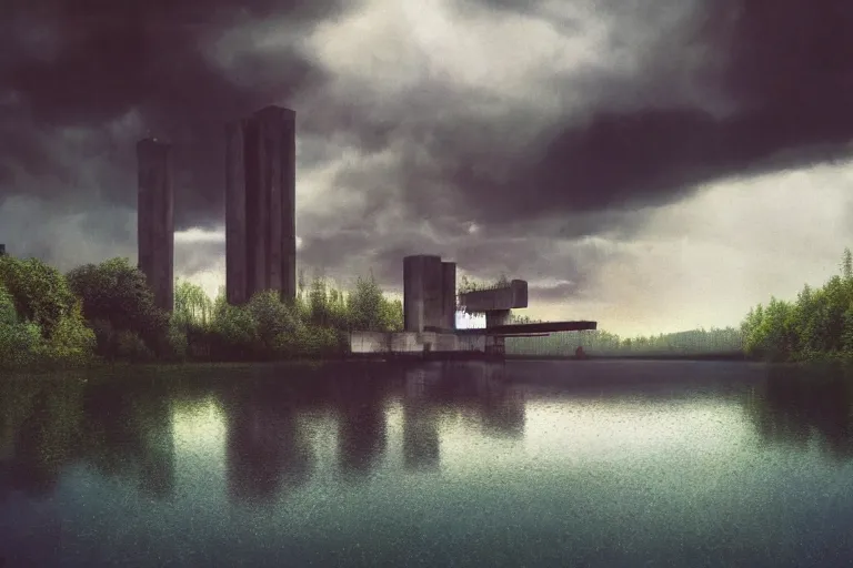 Prompt: a cinematic painting of a brutalist spaceship forming from a lake surrounded by trees, serene vast landscape, neon lights cracking through the clouds, rainy day, beautiful lighting, high depth, ultra realistic, artistic, by annie leibovitz