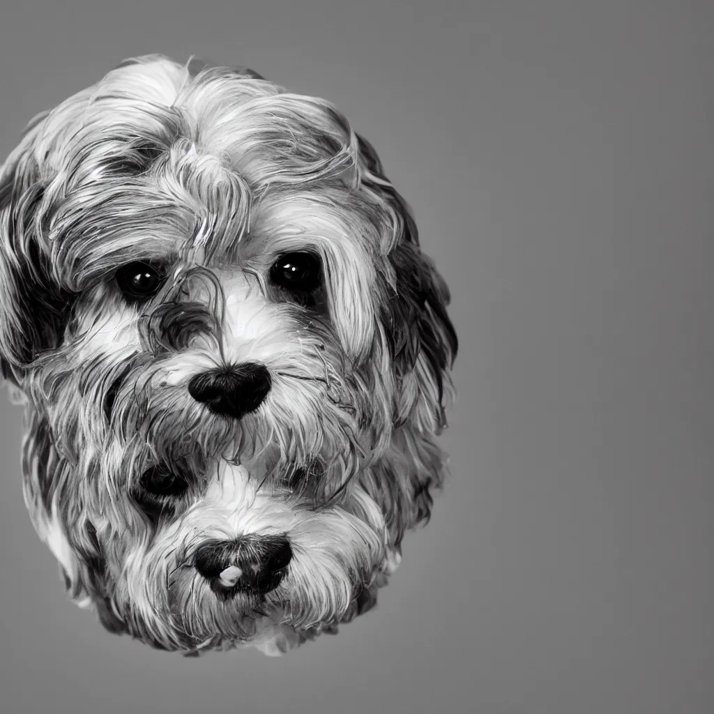 Image similar to image of a havanese dog reflected on the surface of a single chrome sphere, ultra wide 1 0 mm, by m c escher pen and paper