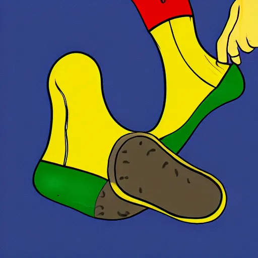 Image similar to banana struggling to put a sock on, cartoon, digital art,