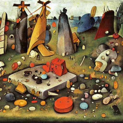 Prompt: flintstones by hieronymus bosch, by wassily kandinsky. the installation art shows a grave that has been flooded with water. the grave is located in a cemetery in italy. the water in the grave is dirty & there is trash floating in it. the grave is surrounded by a fence.