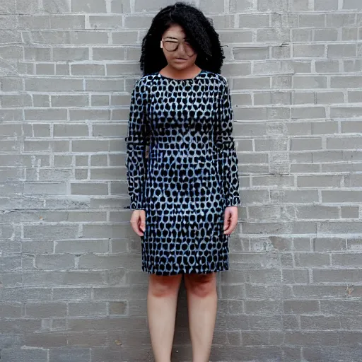 Prompt: woman wearing a cyber pattern dress