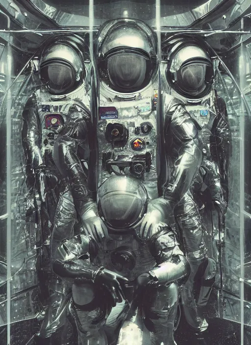 Image similar to astronauts in dark and empty void underwater - complex and hyperdetailed technical suit. reflection and dispersion materials. rays and dispersion of light. volumetric light. 5 0 mm, f / 3 2. noise film photo. flash photography. ultra realistic, wide angle. poster by wayne barlowe, hajime sorayama aaron horkey, craig mullins
