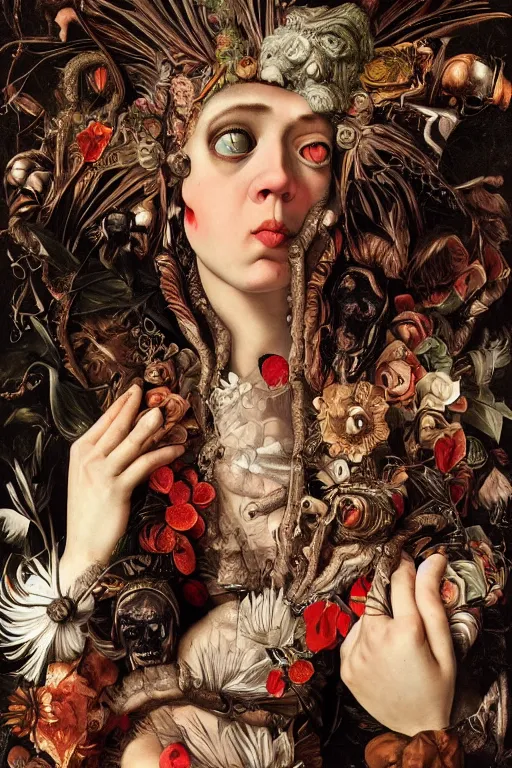 Image similar to Detailed maximalist portrait with large lips and with large, wide eyes, expressive, extra flesh, HD mixed media, 3D collage, highly detailed and intricate, surreal, illustration in the style of Caravaggio, dark art, baroque