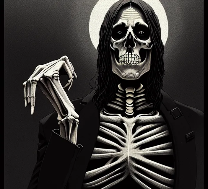 Image similar to skeleton jesus, noir, sharp focus, intricate, illustration, cell shaded, digital painting, highly detailed, matte, art by ilya kuvshinov, wlop, greg rutkowski, reflections, studio quality, james jean, artem demura