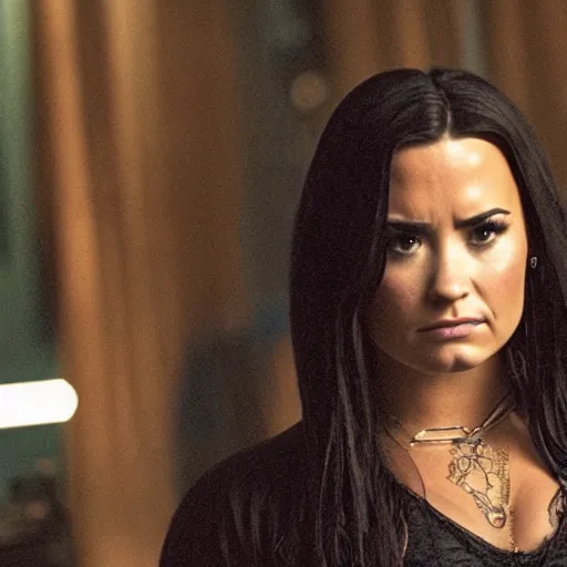 Prompt: close-up of Demi Lovato as Piper Halliwell in a Charmed movie directed by Christopher Nolan, movie still frame, promotional image, imax 35 mm footage