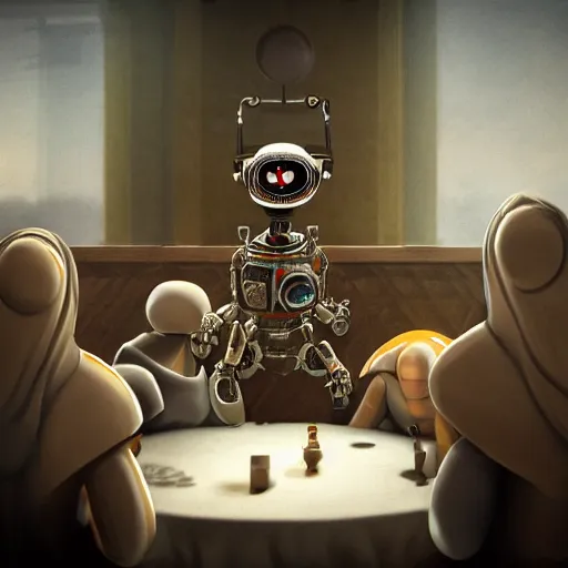 Image similar to last supper realistic robot , A Monster Emerges - 'The Beholder' Concept by trending on artstation , depth of field