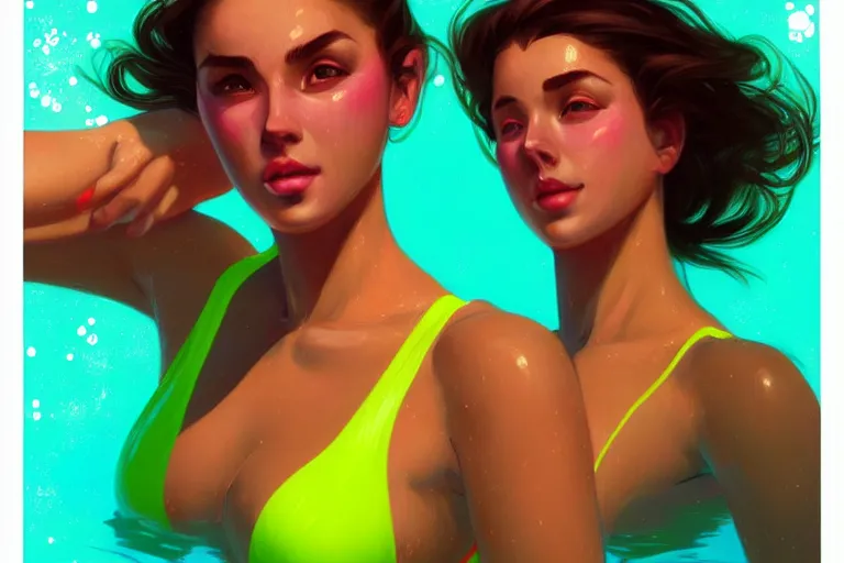 Prompt: Good looking young woman wearing neon coloured bathing suit in a swimming pool, portrait, elegant, intricate, retrofuturistic digital painting, artstation, concept art, smooth, sharp focus, illustration, art by artgerm and greg rutkowski and alphonse mucha