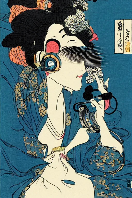 Image similar to a goddess with headphones and smoking a cigarette, in a silent disco rave, by katsushika hokusai, by ralph steadman, storybook illustration, cool color palette, in a symbolic and meaningful style, single figure