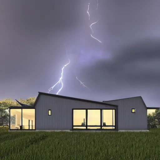 Image similar to exterior view of modern futuristic farm house architecture and barn, on a hill with a view overlooking the city, lightning in grey skies, detailed luminescent oil painting 4 k