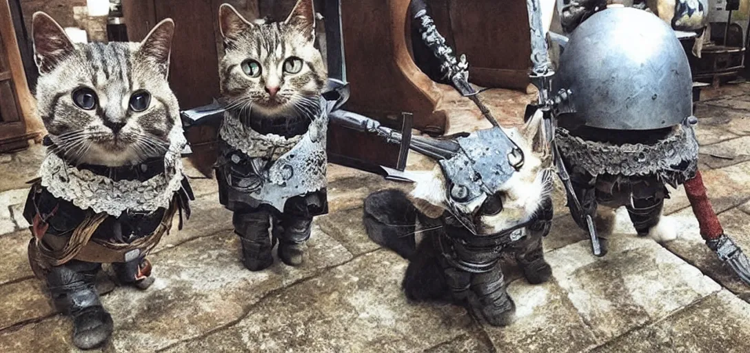 Image similar to cute cats wearing dark souls style armor