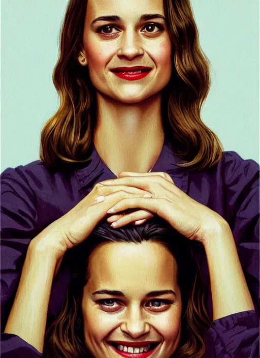 Image similar to twin peaks movie poster art, portrait of a smiling alicia vikander, from scene from twin peaks, clean, simple illustration, nostalgic, domestic, highly detailed, digital painting, artstation, concept art, smooth, sharp focus, illustration, artgerm, donato giancola, joseph christian leyendecker, wlop