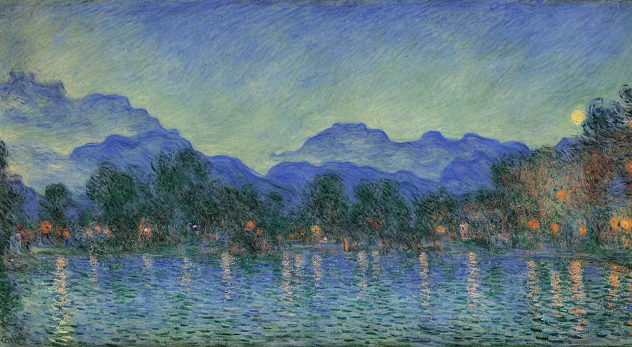 Prompt: Resort pool during midnight, with the mountains in the background, by Claude Monet,