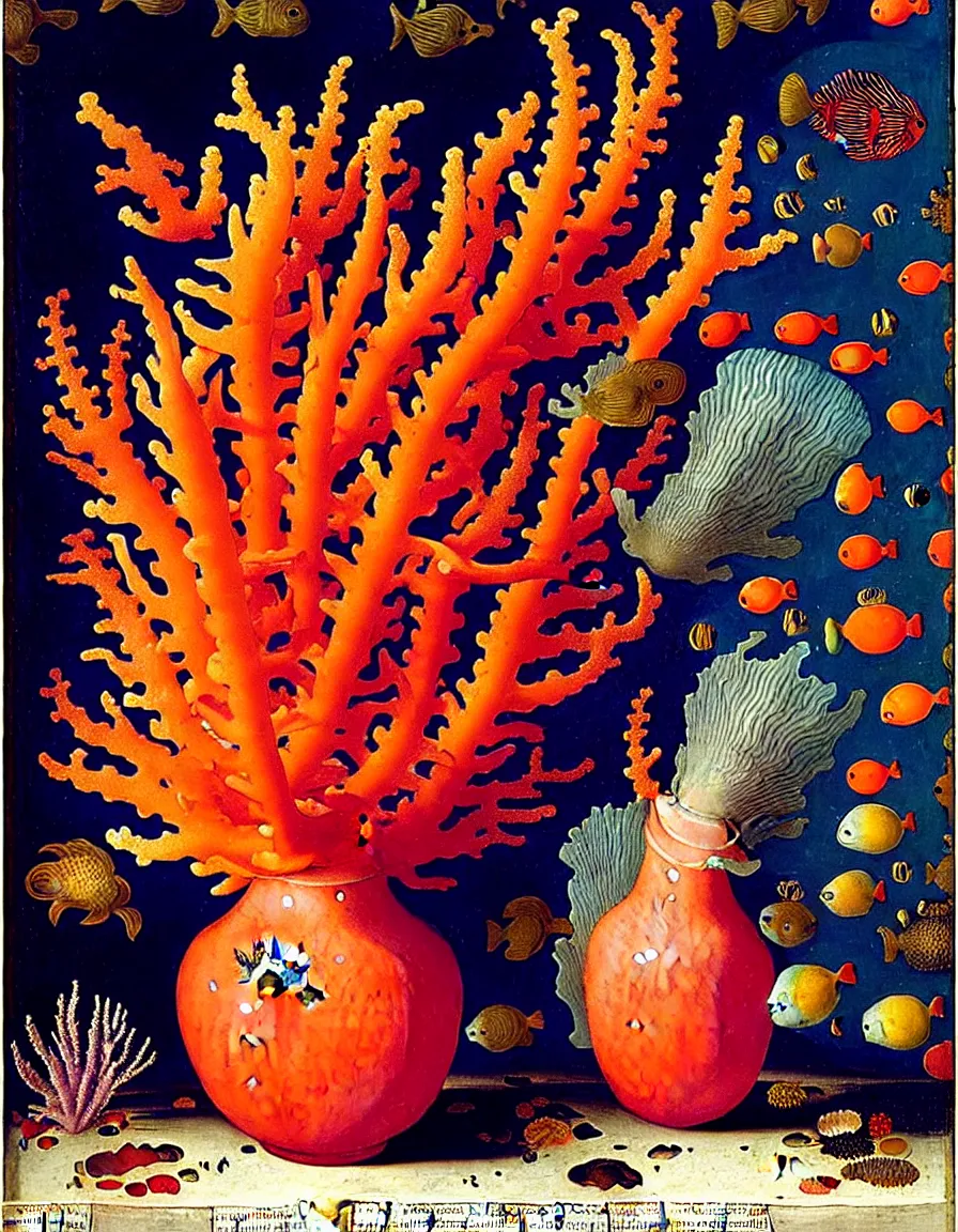 Image similar to bottle vase of coral under the sea decorated with a dense field of stylized scrolls that have opaque outlines enclosing mottled blue washes, with orange shells and purple fishes, ambrosius bosschaert the elder, oil on canvas, surrealism