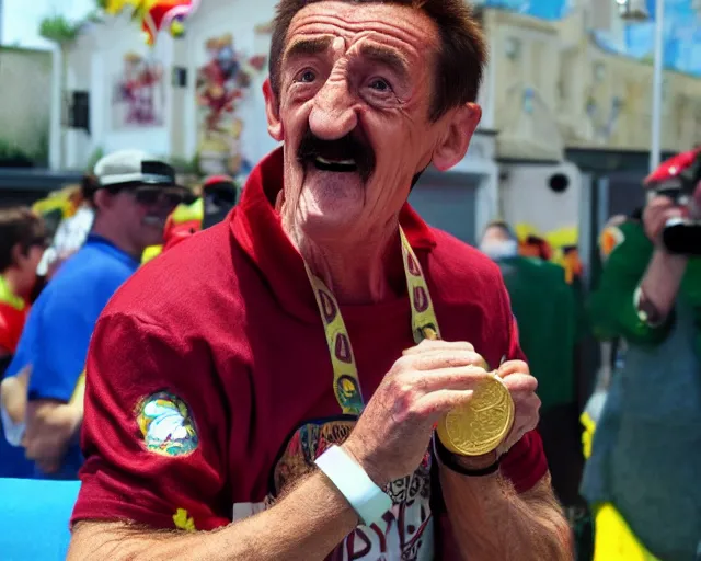 Image similar to Barry Chuckle wins the gold medal at the burger eating contest, trending on Artstation