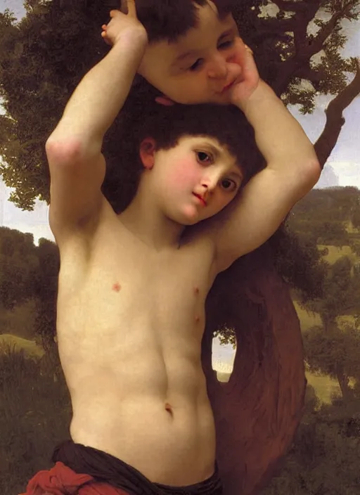 Prompt: a young man holding the head of a monster, climbing a hill in front of a crowd, extremely realistic and highly detailed painting by william - adolphe bouguereau and caravaggio, soft light, gold ratio