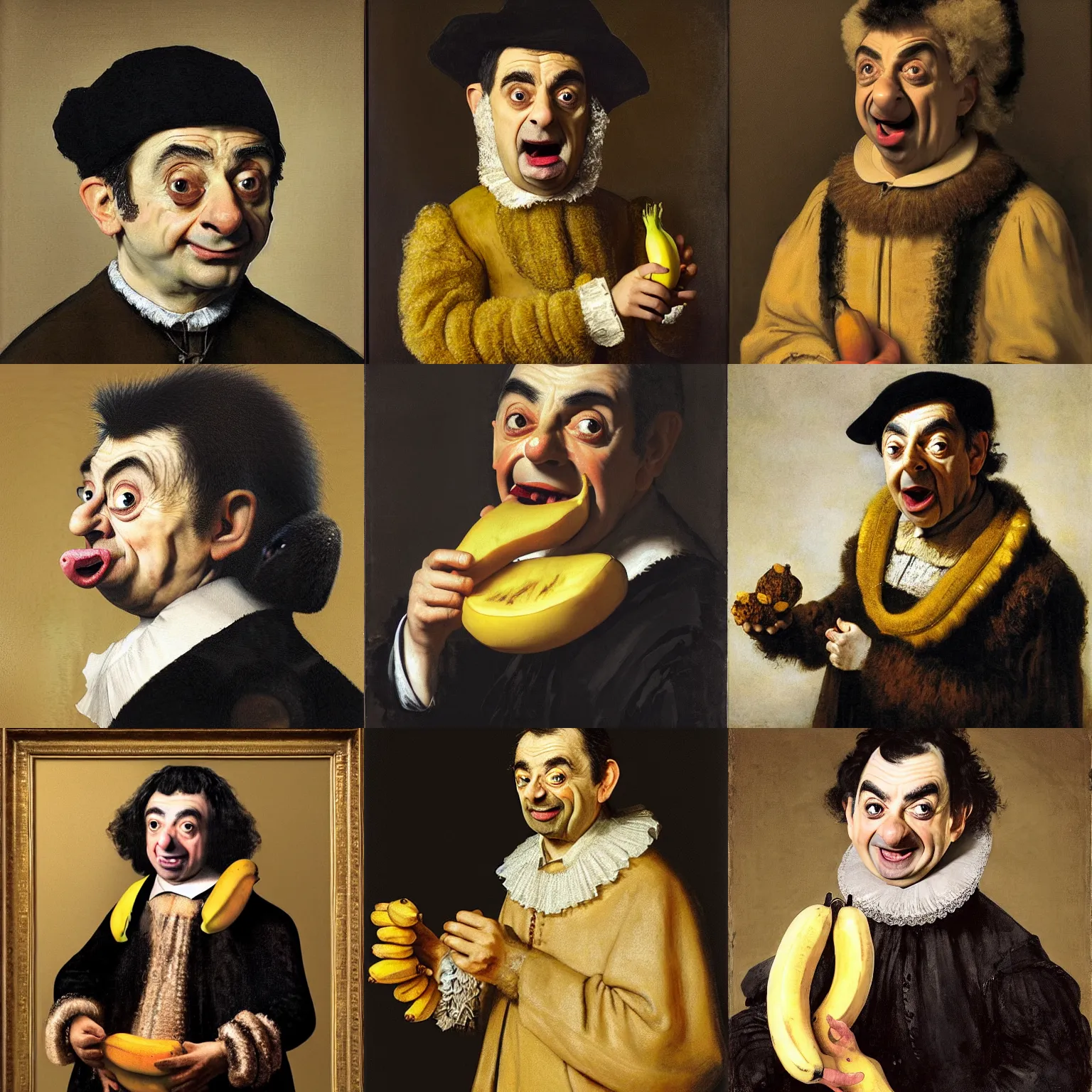 Prompt: Rowan Atkinson as cross eyed Mister Bean eating a banana, painted by Rembrandt.