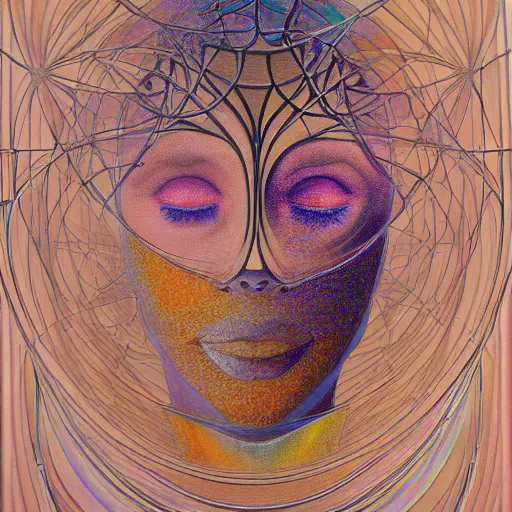 Prompt: a portrait of a woman envisioning the division of humanity in search of the one truth, hyperrealism, rule of thirds, pathways and portals to other worlds, extremely detailed, intricate pastel artwork, abstract geometry, hermeticism, magical symbolism