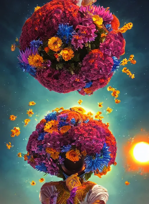 Image similar to An epic fantastic realism comic book style painting of the most beautiful flowers launched into space, bouquets, solar eclipse, fisheye, unreal 5, DAZ, hyperrealistic, octane render, dynamic lighting