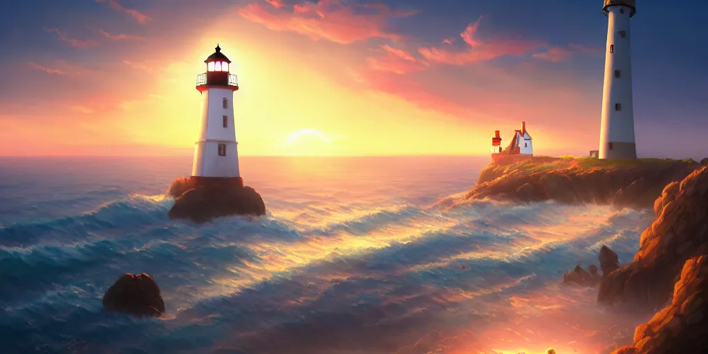 Image similar to the girl and the lighthouse. beautiful sunrise. matte painting, anime, studio ghibli. intricate, elegant, super highly detailed, professional digital painting, artstation, concept art, smooth, Unreal Engine 5, Photorealism, HD quality, 8k resolution, cinema 4d, 3D, beautiful, cinematic