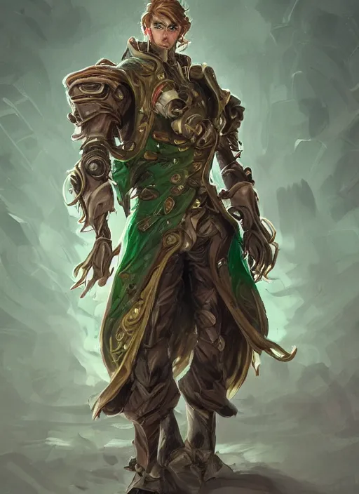 Prompt: a highly detailed illustration of thick wavy brown haired young white guy wearing brown trench coat and wearing green face mask, with many mechanical arms on his back, dramatic hands in pocket standing pose, intricate, elegant, highly detailed, centered, digital painting, artstation, concept art, smooth, sharp focus, league of legends concept art, WLOP