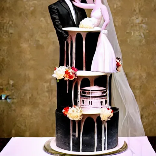 Prompt: wedding cake with bride and groom on top, a huge knife slicing it in color with a dali look