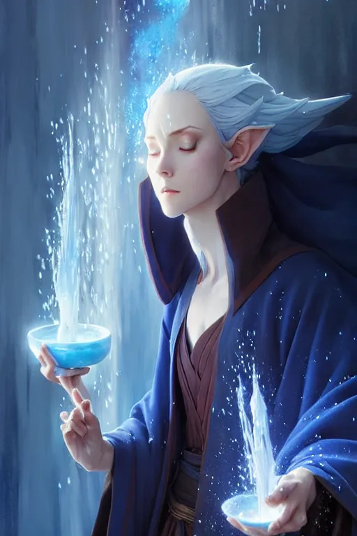 Image similar to elvish female sorcerer doing water magic spells, blue robes, red hair, finely detailed perfect face, exquisite details, mid view, design on a white background, by studio muti, greg rutkowski makoto shinkai takashi takeuchi studio ghibli