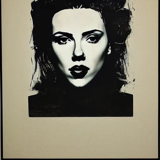 Prompt: Portrait of Scarlett Johansson painted by Andy Warhol