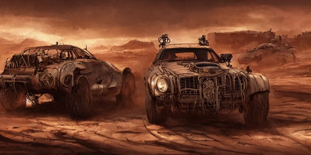 Image similar to an environmental concept art from mad max fury road, single muscle car speeding through the desert, highly detailed, cinematic, dramatic lighting by francis tneh