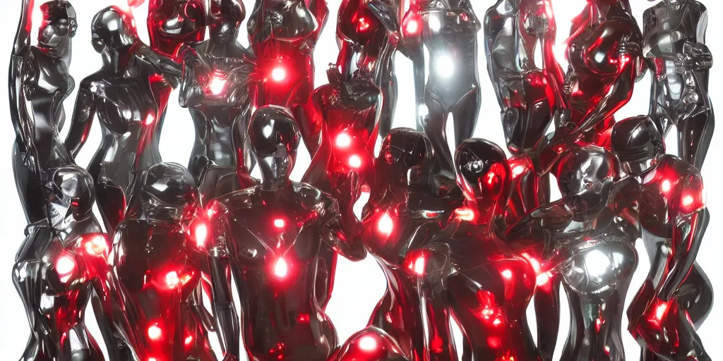 Image similar to !13 diverse cybersuits on !one_side of a reflective !metal table, !!posing_as_last_supper cinematic lighting, detailed glowing red implants, satin, crystal, liquid, floating, !!highly detailed