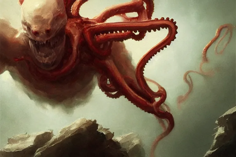 Image similar to painting by greg rutkowski of a flying human head and face that is chalk white in color, with tentacles coming of the neck, red eyes, flying in a terrying hell like cavernous place