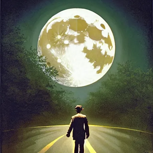 Prompt: movie poster of menacing figure with a cleaver standing in the middle of a road, night, large moon in the sky, by drew struzan, excellent composition, dark