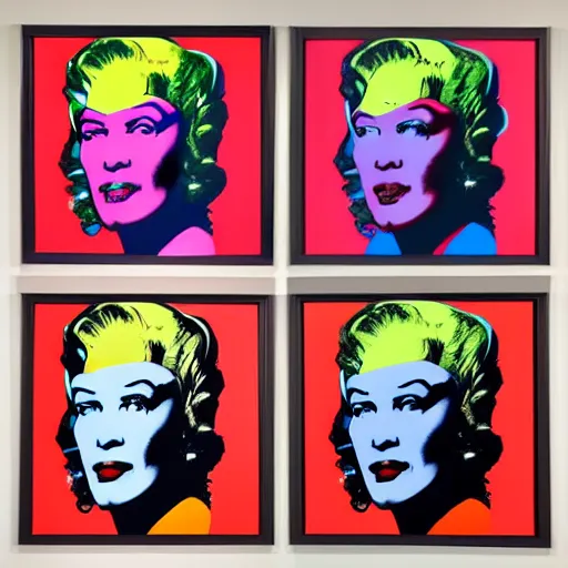 Image similar to old - style cyborg, 6 panels by andy warhol, with highly contrasted colors and an illuminating background