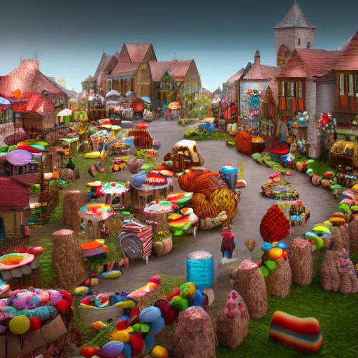 Image similar to Village made of sweets, 4k octane render, detailed art, artstation, streetview, CGSociety, deviantart